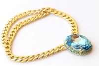 Aquamarine Turquoise Crystal Necklace: Chunky Evening Necklace, Large Oval Pendant