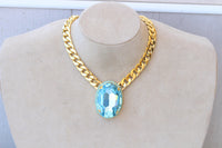 Aquamarine Turquoise Crystal Necklace: Chunky Evening Necklace, Large Oval Pendant