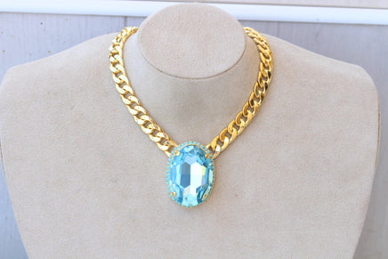 Aquamarine Turquoise Crystal Necklace: Chunky Evening Necklace, Large Oval Pendant