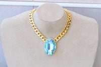 Aquamarine Turquoise Crystal Necklace: Chunky Evening Necklace, Large Oval Pendant