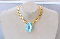 Aquamarine Turquoise Crystal Necklace: Chunky Evening Necklace, Large Oval Pendant
