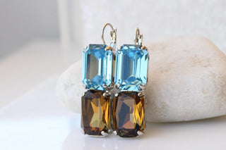 Brown & Blue Drop Earrings, Smoke Topaz Aquamarine Crystal, Unique Handmade Jewelry for Her, Dangle Statement Earrings, Gift for Women