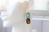Brown & Blue Drop Earrings, Smoke Topaz Aquamarine Crystal, Unique Handmade Jewelry for Her, Dangle Statement Earrings, Gift for Women