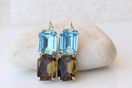 Brown & Blue Drop Earrings, Smoke Topaz Aquamarine Crystal, Unique Handmade Jewelry for Her, Dangle Statement Earrings, Gift for Women