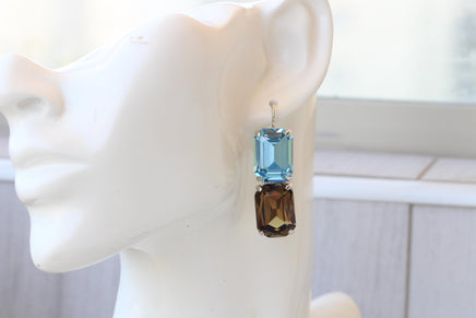 Brown & Blue Drop Earrings, Smoke Topaz Aquamarine Crystal, Unique Handmade Jewelry for Her, Dangle Statement Earrings, Gift for Women