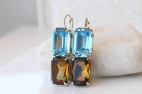 Brown & Blue Drop Earrings, Smoke Topaz Aquamarine Crystal, Unique Handmade Jewelry for Her, Dangle Statement Earrings, Gift for Women