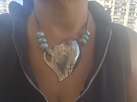 Bohemian Asymmetric Silver Heart Statement Necklace with Beads