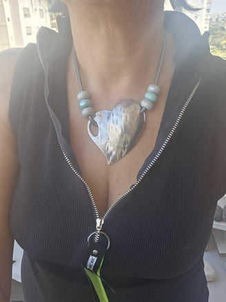 Bohemian Asymmetric Silver Heart Statement Necklace with Beads