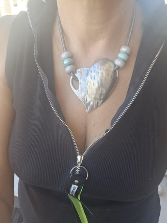 Bohemian Asymmetric Silver Heart Statement Necklace with Beads