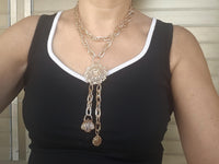 Rose Gold Multi-Charm Layered Necklace – Basket Charm, Tassel Pendant & Chunky Link Chain