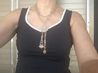 Rose Gold Multi-Charm Layered Necklace – Basket Charm, Tassel Pendant & Chunky Link Chain