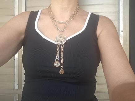 Rose Gold Multi-Charm Layered Necklace – Basket Charm, Tassel Pendant & Chunky Link Chain