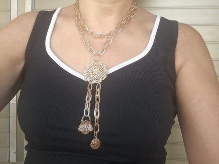 Rose Gold Multi-Charm Layered Necklace – Basket Charm, Tassel Pendant & Chunky Link Chain