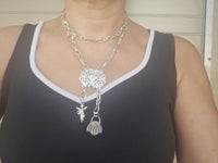 Layered Silver Necklace with Basket Charm, Tassel Pendant & Chunky Chain