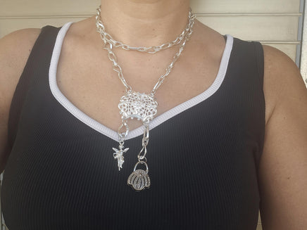Layered Silver Necklace with Basket Charm, Tassel Pendant & Chunky Chain