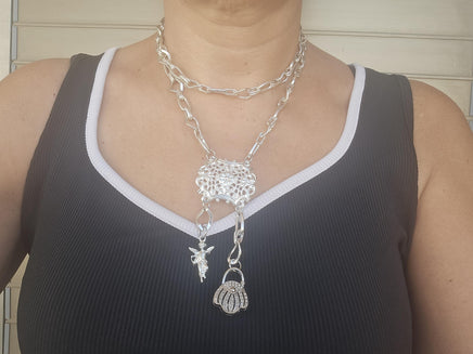 Layered Silver Necklace with Basket Charm, Tassel Pendant & Chunky Chain