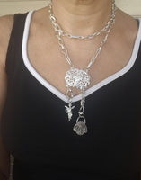 Layered Silver Necklace with Basket Charm, Tassel Pendant & Chunky Chain