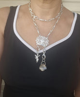 Layered Silver Necklace with Basket Charm, Tassel Pendant & Chunky Chain