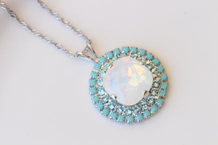 White Opal & Turquoise Crystal Bridal Silver Necklace And Earrings Set