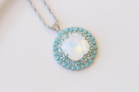 White Opal & Turquoise Crystal Bridal Silver Necklace And Earrings Set