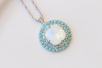 White Opal & Turquoise Crystal Bridal Silver Necklace And Earrings Set