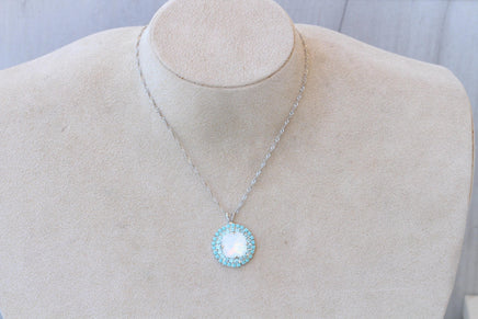 White Opal & Turquoise Crystal Bridal Silver Necklace And Earrings Set