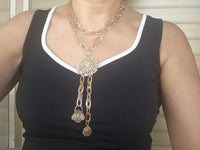 Rose Gold Multi-Charm Layered Necklace – Basket Charm, Tassel Pendant & Chunky Link Chain