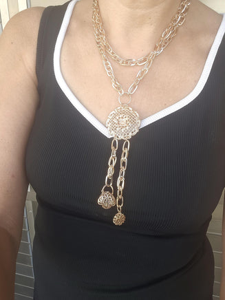 Rose Gold Multi-Charm Layered Necklace – Basket Charm, Tassel Pendant & Chunky Link Chain