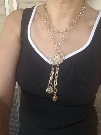 Rose Gold Multi-Charm Layered Necklace – Basket Charm, Tassel Pendant & Chunky Link Chain