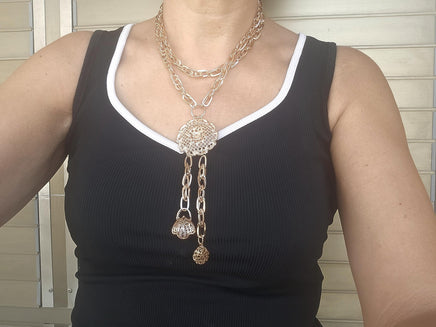 Rose Gold Multi-Charm Layered Necklace – Basket Charm, Tassel Pendant & Chunky Link Chain