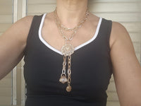 Rose Gold Multi-Charm Layered Necklace – Basket Charm, Tassel Pendant & Chunky Link Chain