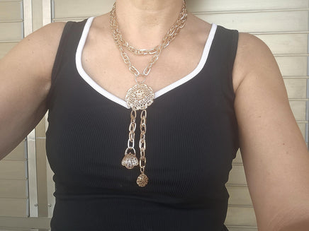 Rose Gold Multi-Charm Layered Necklace – Basket Charm, Tassel Pendant & Chunky Link Chain