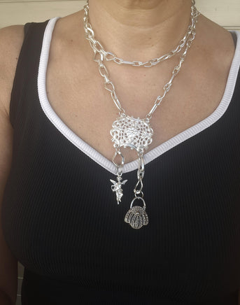 Layered Silver Necklace with Basket Charm, Tassel Pendant & Chunky Chain