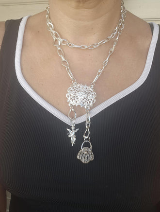 Layered Silver Necklace with Basket Charm, Tassel Pendant & Chunky Chain