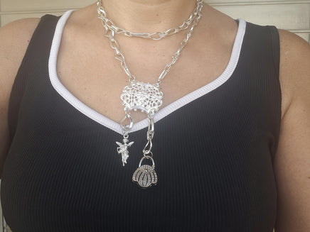 Layered Silver Necklace with Basket Charm, Tassel Pendant & Chunky Chain