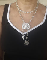 Layered Silver Necklace with Basket Charm, Tassel Pendant & Chunky Chain