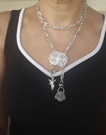 Layered Silver Necklace with Basket Charm, Tassel Pendant & Chunky Chain