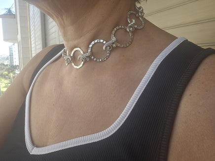 Chunky Silver Circle Collar Necklace with Rhinestones