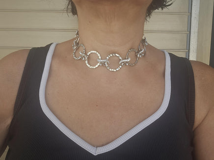 Chunky Silver Circle Collar Necklace with Rhinestones