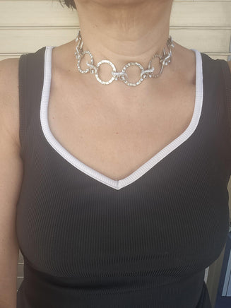 Chunky Silver Circle Collar Necklace with Rhinestones