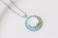 White Opal & Turquoise Crystal Bridal Silver Necklace And Earrings Set