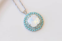 White Opal & Turquoise Crystal Bridal Silver Necklace And Earrings Set