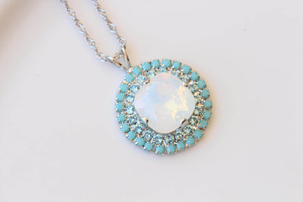 White Opal & Turquoise Crystal Bridal Silver Necklace And Earrings Set