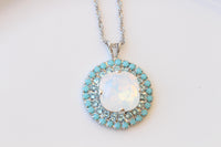 White Opal & Turquoise Crystal Bridal Silver Necklace And Earrings Set