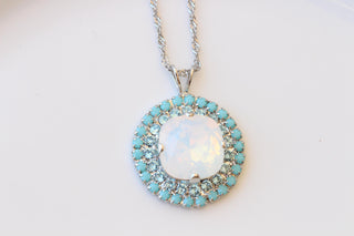 White Opal & Turquoise Crystal Bridal Silver Necklace And Earrings Set