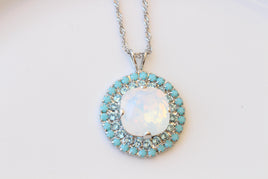 White Opal & Turquoise Crystal Bridal Silver Necklace And Earrings Set