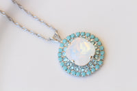 White Opal & Turquoise Crystal Bridal Silver Necklace And Earrings Set