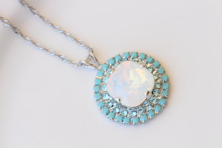 White Opal & Turquoise Crystal Bridal Silver Necklace And Earrings Set