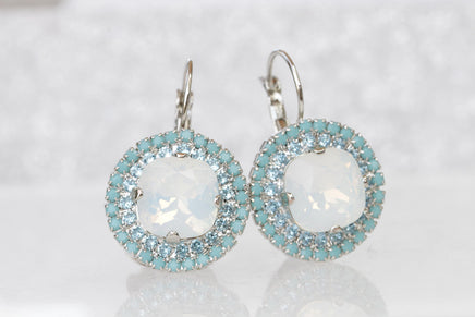 White Opal & Turquoise Crystal Bridal Silver Necklace And Earrings Set