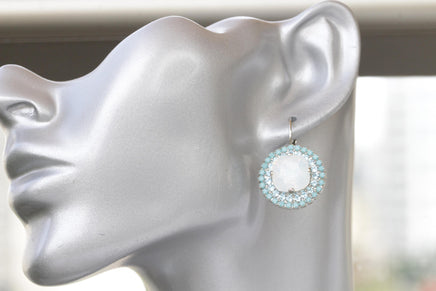 White Opal & Turquoise Crystal Bridal Silver Necklace And Earrings Set